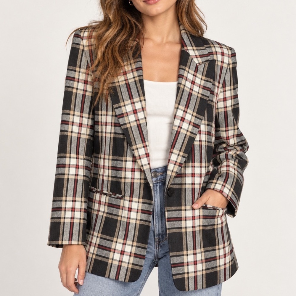 Vintage 90s Oversized Plaid Blazer Black Tan Red Boxy‎ Preppy Academia Heritage